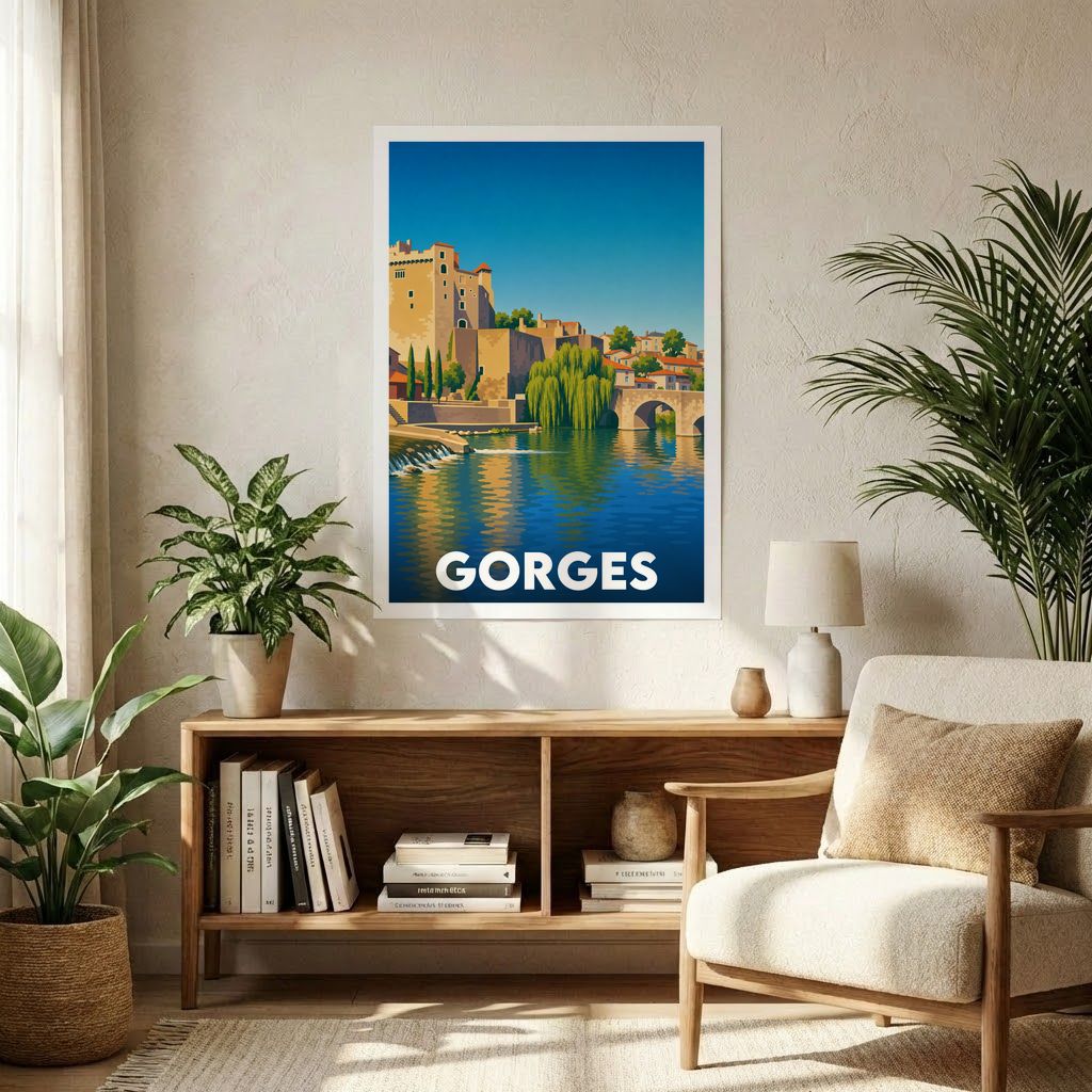 Affiche souvenir de la ville de Gorges avec une illustration stylisée.