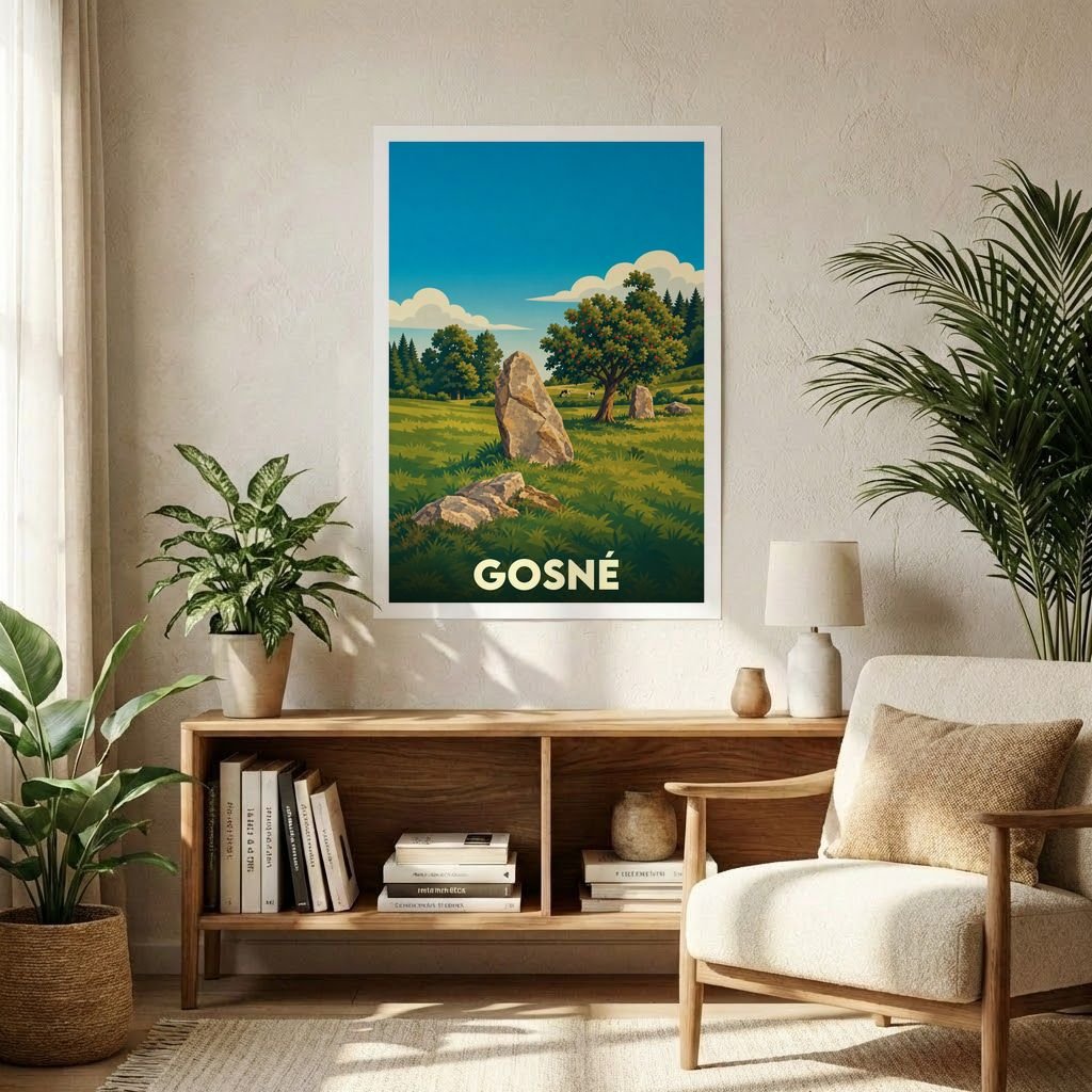 Affiche souvenir de la ville de Gosné illustrant un paysage champêtre avec des mégalithes et un arbre fruitier.