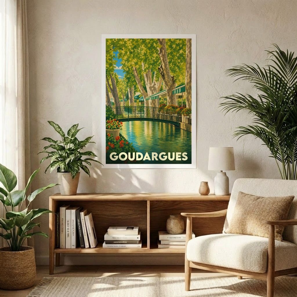 Affiche souvenir de la ville de Goudargues avec une illustration stylisée de ses canaux et platanes.