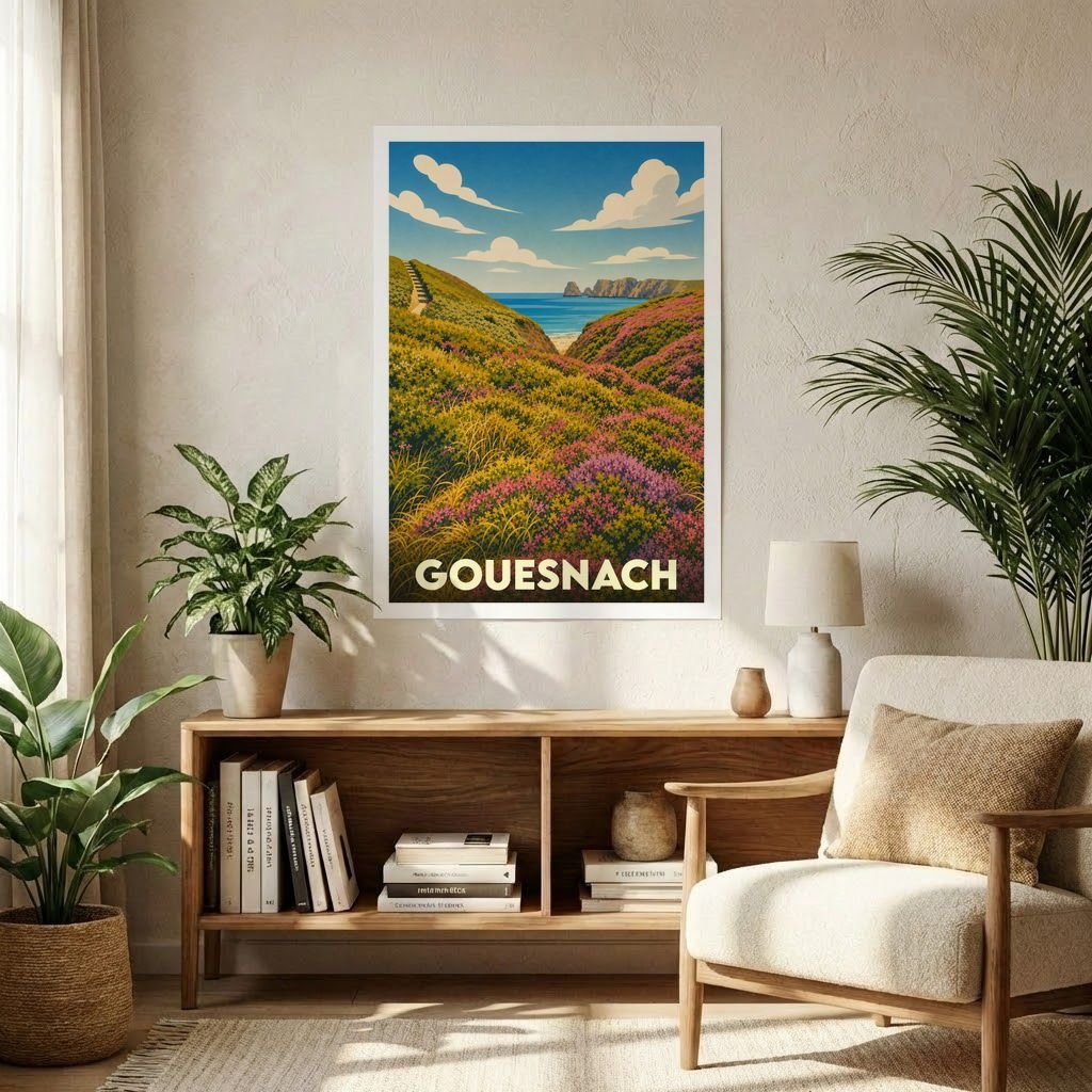 Affiche souvenir de la ville de Gouesnach illustrant un paysage côtier fleuri dans un style rétro.