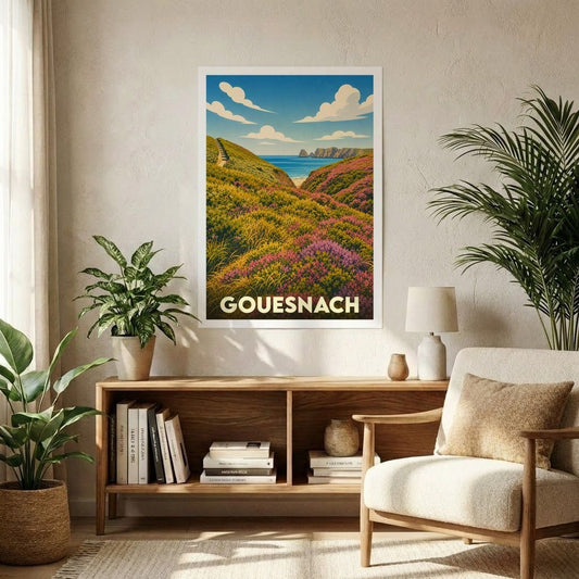 Affiche souvenir de la ville de Gouesnach illustrant un paysage côtier fleuri dans un style rétro.