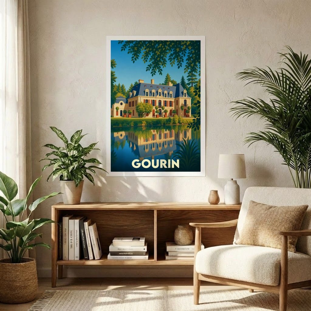 Affiche souvenir de la ville de Gourin avec une illustration stylisée d'un manoir se reflétant dans l'eau.