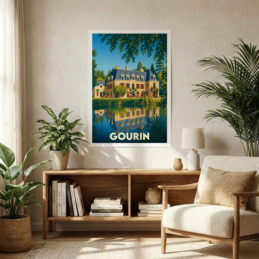 Affiche souvenir de la ville de Gourin avec une illustration stylisée d'un manoir se reflétant dans l'eau.