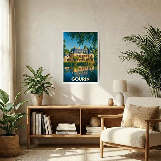 Affiche souvenir de la ville de Gourin avec une illustration stylisée.