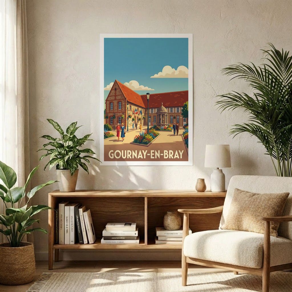 Affiche souvenir de la ville de Gournay-en-Bray avec une illustration stylisée de son architecture et de ses passants.