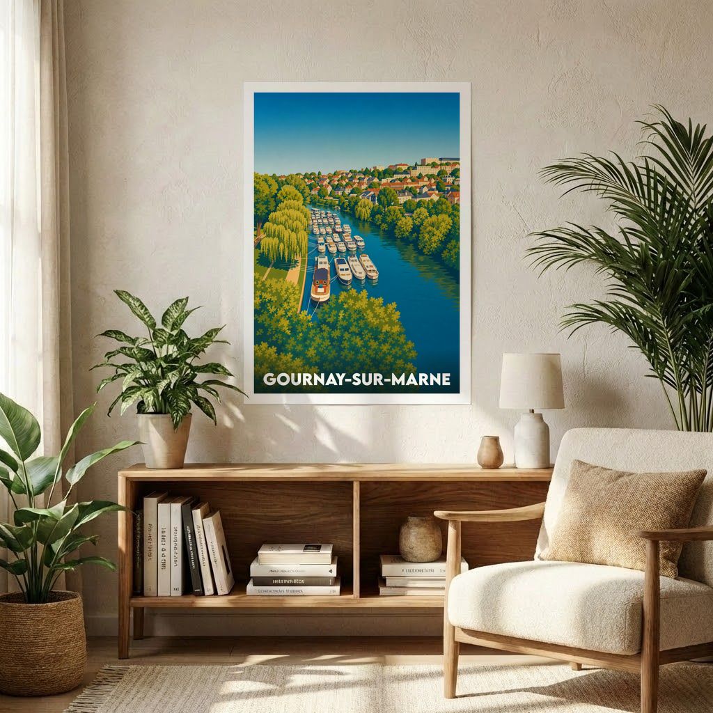 Affiche souvenir de la ville de Gournay-sur-Marne illustrant des péniches sur la rivière dans un style graphique épuré.