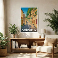 Affiche souvenir de la ville de Gouvieux avec une illustration stylisée d'une rue pittoresque.