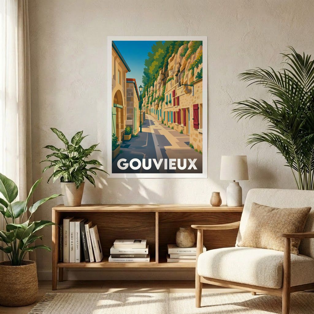 Affiche souvenir de la ville de Gouvieux avec une illustration stylisée d'une rue pittoresque.
