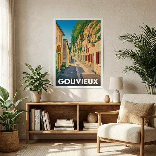 Affiche souvenir de la ville de Gouvieux avec une illustration stylisée d'une rue pittoresque.