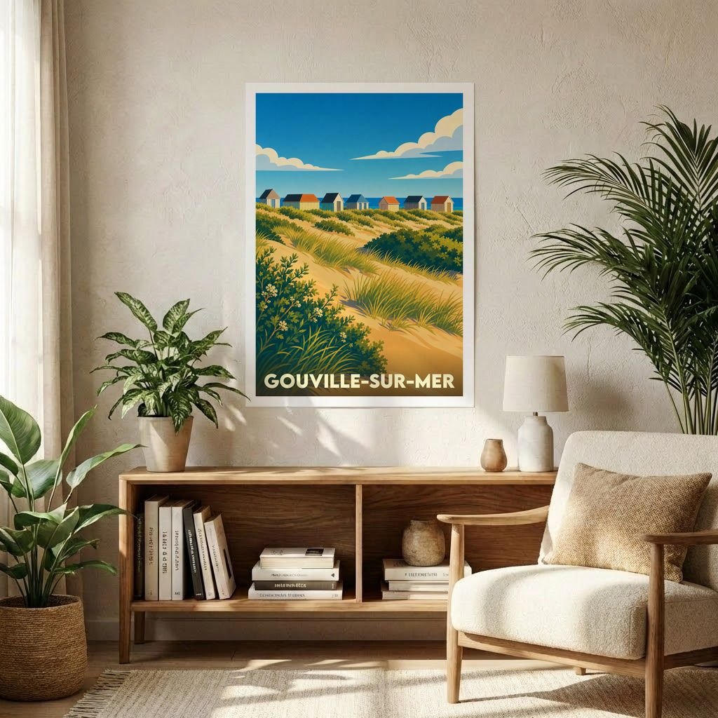 Affiche souvenir de la ville de Gouville-sur-Mer représentant ses célèbres cabines de plage colorées dans les dunes.