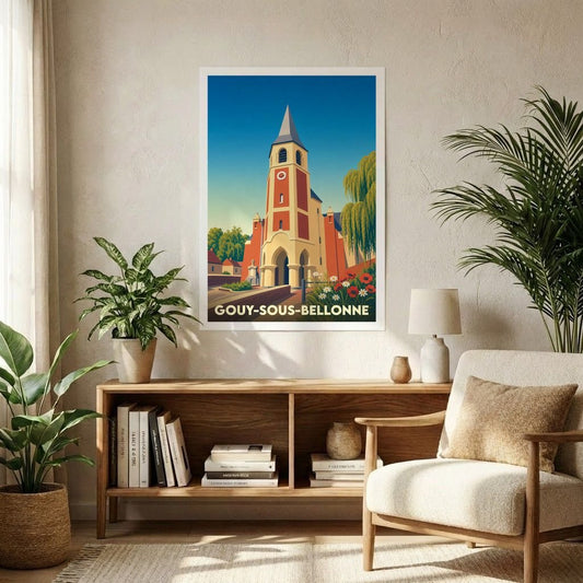 Affiche souvenir de la ville de Gouy-sous-Bellonne avec une illustration stylisée de son église et de son clocher.