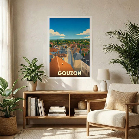 Affiche souvenir de la ville de Gouzon avec une illustration stylisée vue du ciel.