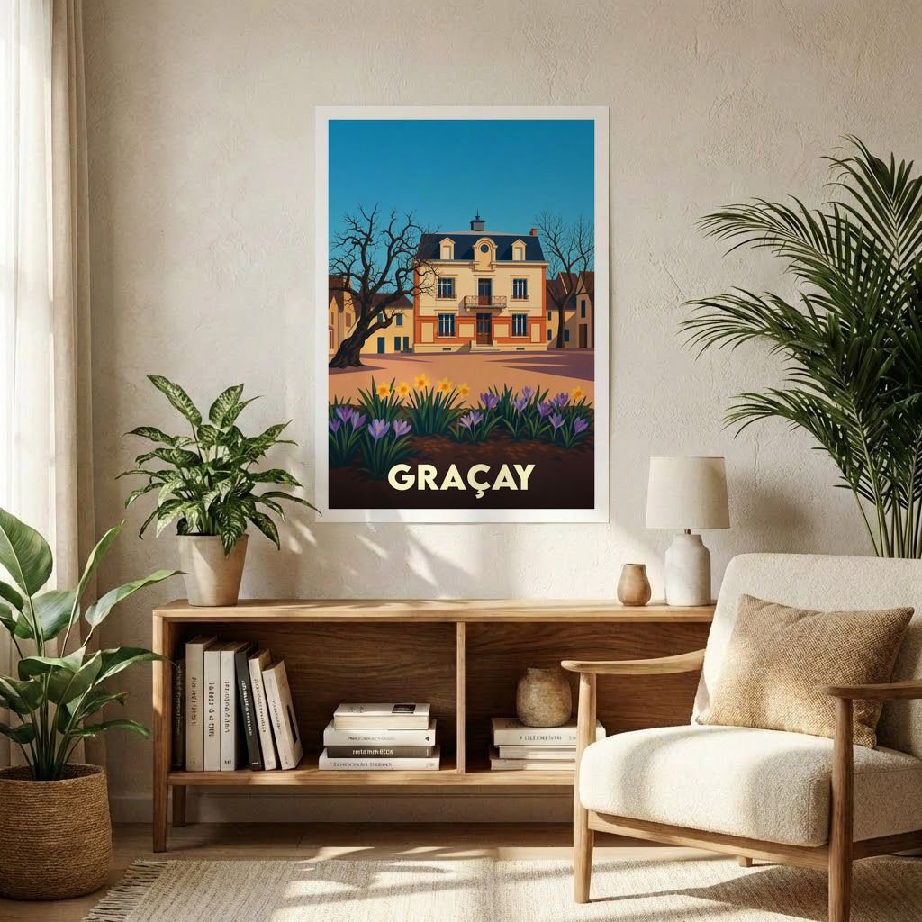 Affiche souvenir de la ville de Graçay avec une illustration stylisée d'un bâtiment historique et de fleurs.