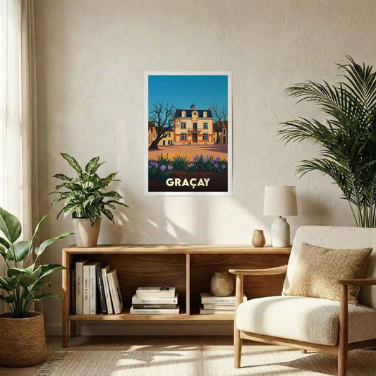 Affiche souvenir de la ville de Graçay avec une illustration stylisée d'une demeure bourgeoise et de fleurs printanières.