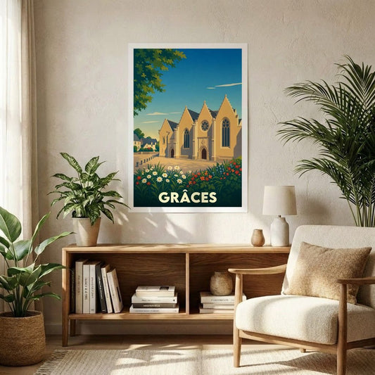 Affiche souvenir de la ville de Grâces avec une illustration stylisée de son église et de parterres fleuris.