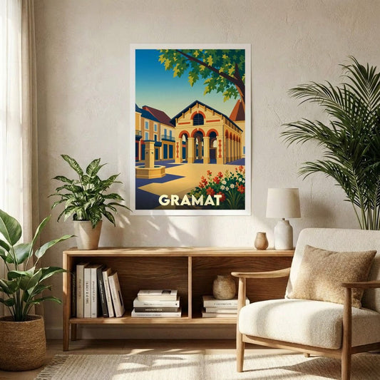Affiche souvenir de la ville de Gramat avec une illustration stylisée et colorée.