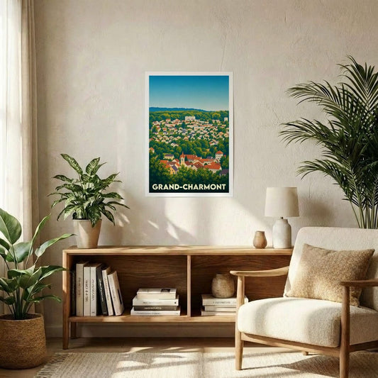 Affiche souvenir de la ville de Grand-Charmont avec une illustration stylisée.