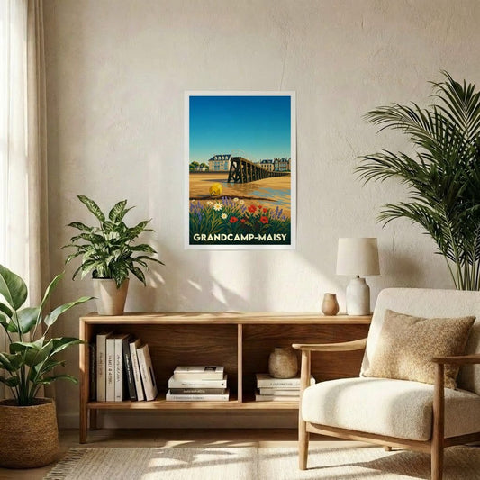 Affiche souvenir de la ville de Grandcamp-Maisy avec une illustration stylisée du front de mer.