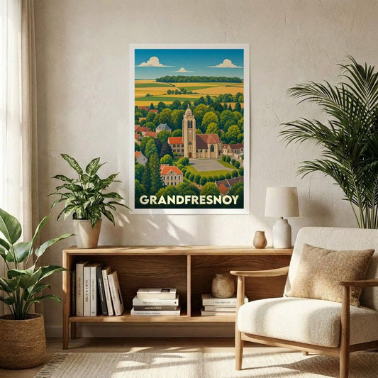 Affiche souvenir de la ville de Grandfresnoy représentant une illustration stylisée de son église au cœur d'un paysage verdoyant.