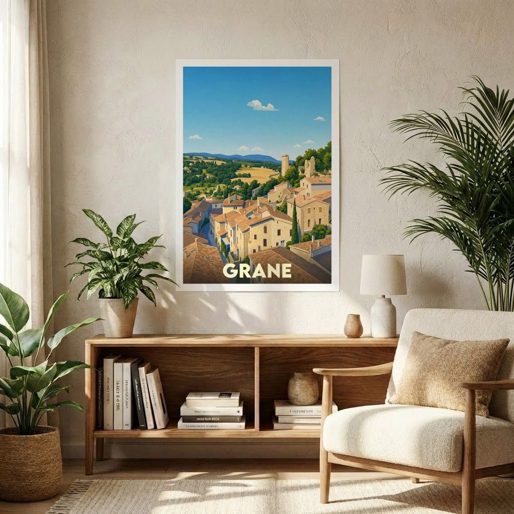 Affiche souvenir de la ville de Grane avec une illustration stylisée de ses paysages et toitures.
