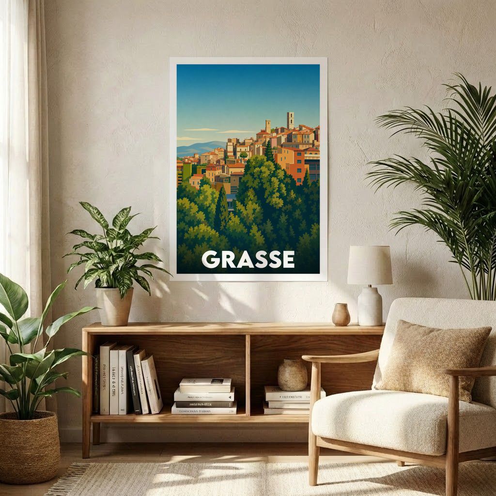 Affiche souvenir de la ville de Grasse avec une illustration stylisée de son architecture provençale nichée dans la verdure.