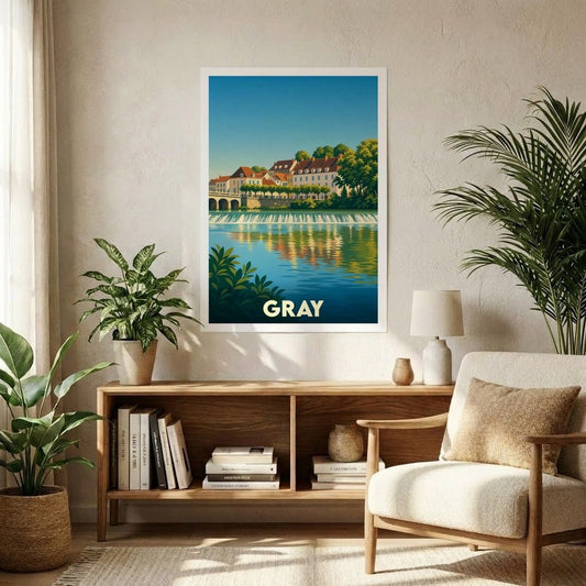 Affiche souvenir de la ville de Gray avec une illustration stylisée des bords de Saône.