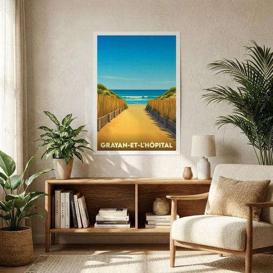 Affiche souvenir de la ville de Grayan-et-l'Hôpital avec une illustration stylisée d'un chemin de plage.