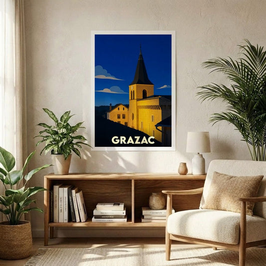 Affiche souvenir de la ville de Grazac avec une illustration stylisée de son église sous un ciel nocturne.