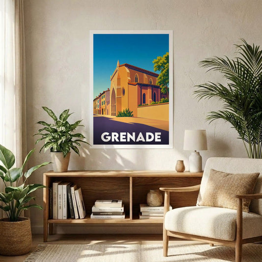Affiche souvenir de la ville de Grenade représentant une église ensoleillée dans un style graphique épuré.