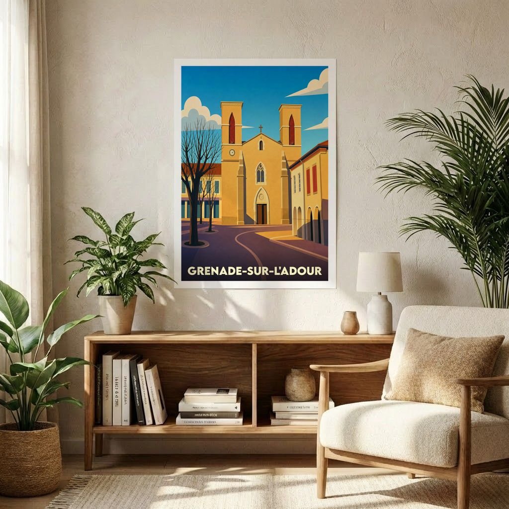 Affiche souvenir de la ville de Grenade-sur-l'Adour avec une illustration stylisée de son église et de ses arcades.