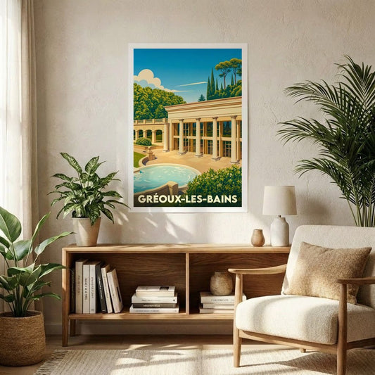 Affiche souvenir de la ville de Gréoux-les-Bains avec une illustration stylisée de ses thermes.