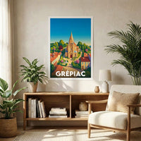 Affiche souvenir de la ville de Grépiac avec une illustration stylisée de son église et de ses maisons.