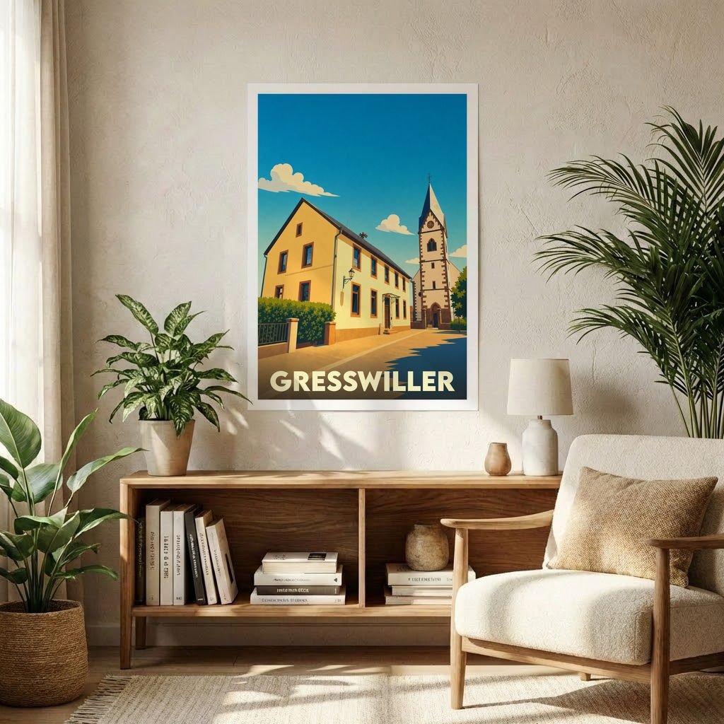Affiche souvenir de la ville de Gresswiller avec une illustration stylisée d'un bâtiment et de son église.