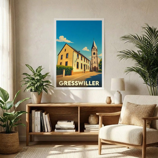 Affiche souvenir de la ville de Gresswiller avec une illustration stylisée d'un bâtiment jaune et d'une église.