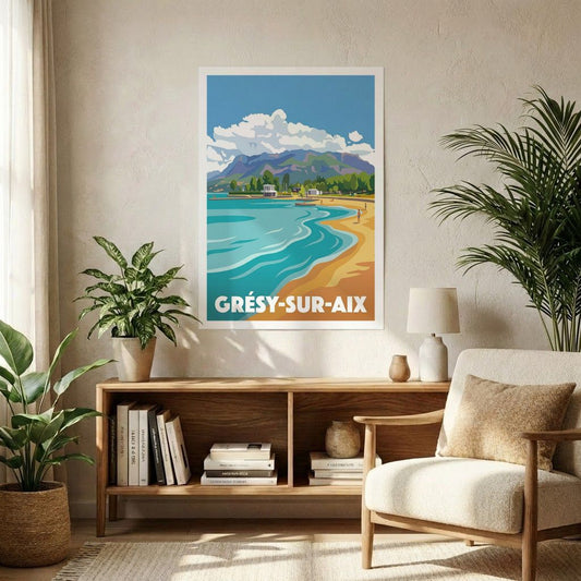Affiche souvenir de la ville de Grésy-sur-Aix avec une illustration stylisée.