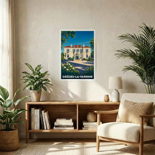 Affiche souvenir de la ville de Grézieu-la-Varenne avec une illustration stylisée de son hôtel de ville.