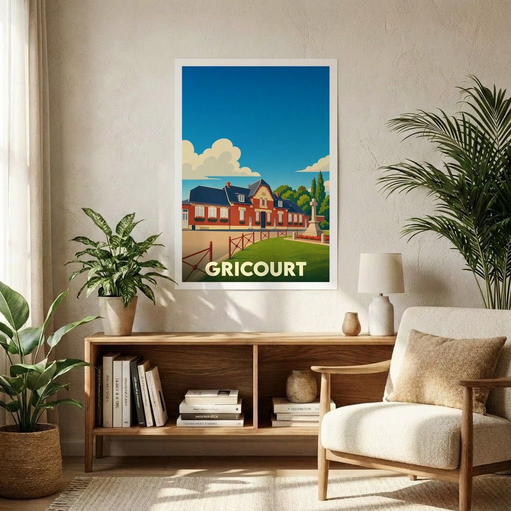 Affiche souvenir de la ville de Gricourt avec une illustration stylisée de son architecture locale.
