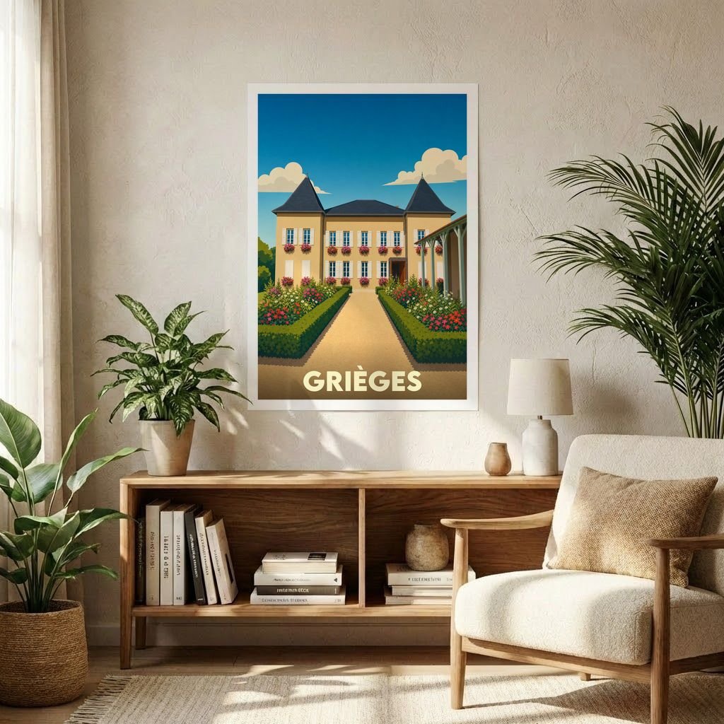 Affiche souvenir de la ville de Grièges illustrant une demeure de caractère avec ses jardins fleuris.