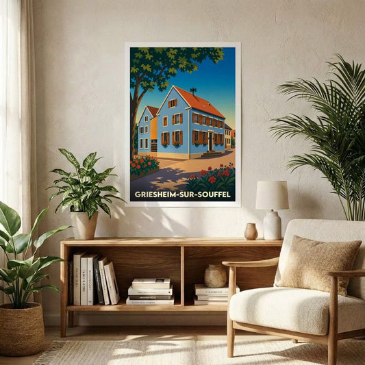 Affiche souvenir de la ville de Griesheim-sur-Souffel avec une illustration stylisée d'une maison alsacienne bleue.