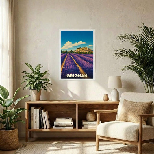 Affiche souvenir de la ville de Grignan représentant une illustration stylisée de champs de lavande et du château.