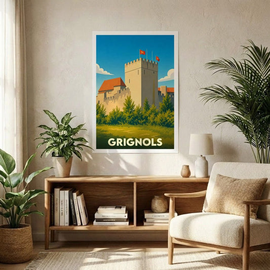 Affiche souvenir de la ville de Grignols représentant son château dans un style graphique épuré.