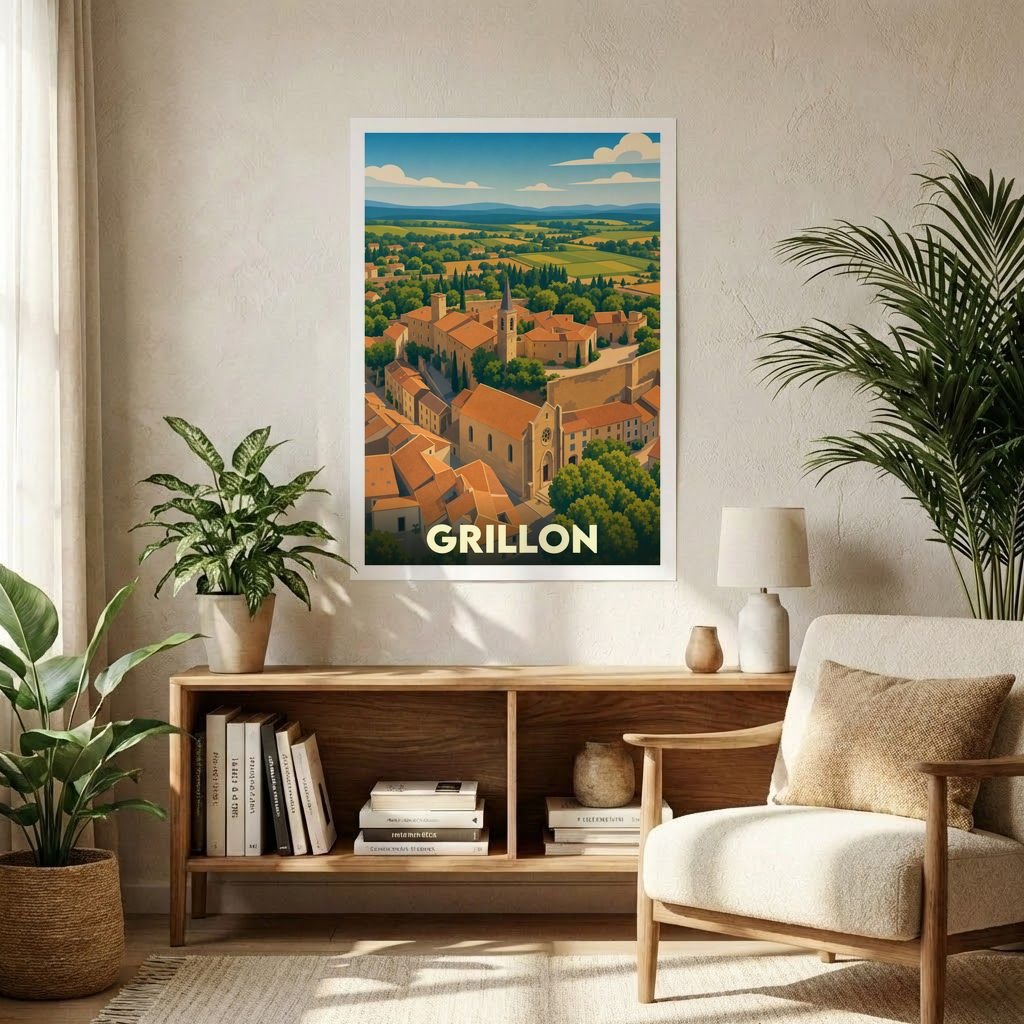 Affiche souvenir de la ville de Grillon présentant une illustration stylisée et colorée de son architecture provençale.