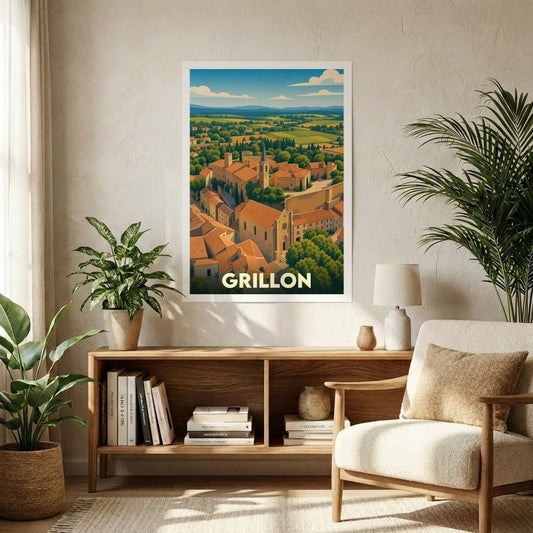 Affiche souvenir de la ville de Grillon présentant une illustration stylisée et colorée de son architecture provençale.