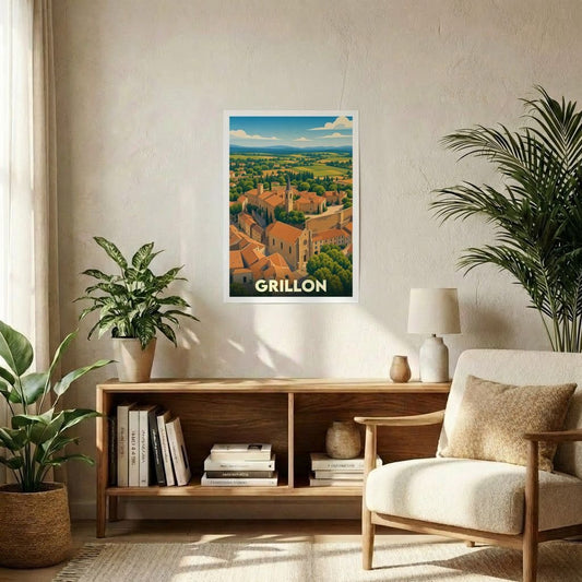 Affiche souvenir de la ville de Grillon représentant une vue aérienne illustrée de la cité provençale.