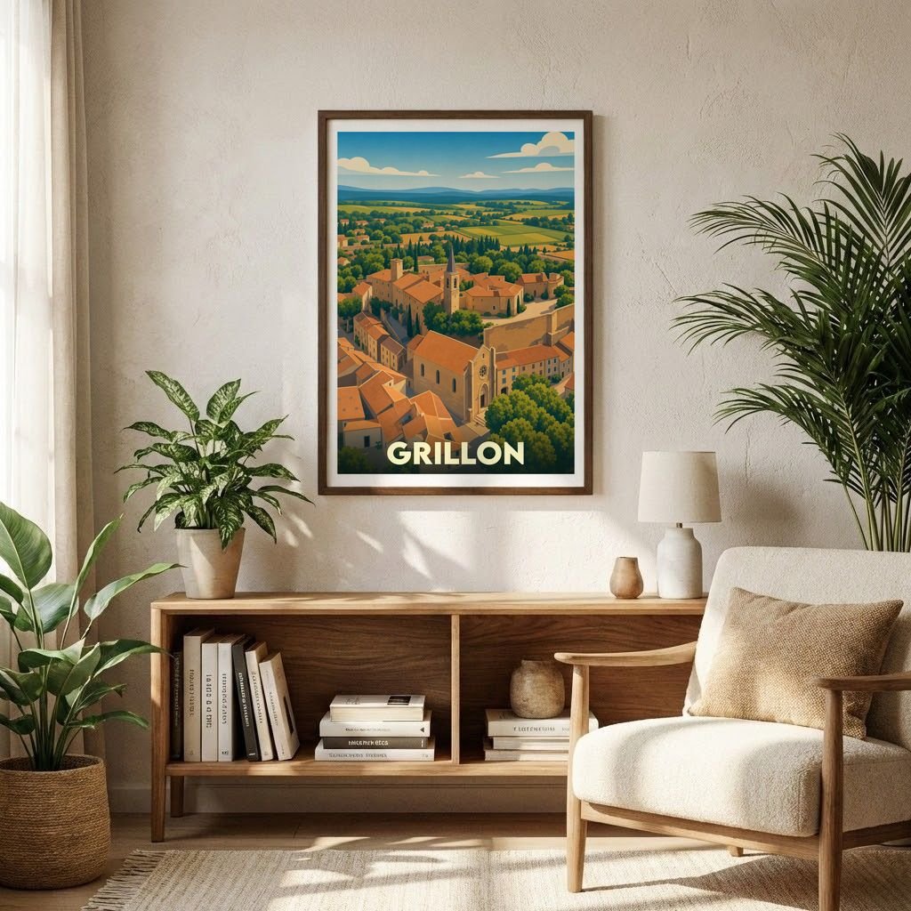 Affiche souvenir de la ville de Grillon illustrant ses toits provençaux et son paysage environnant dans un style vintage.