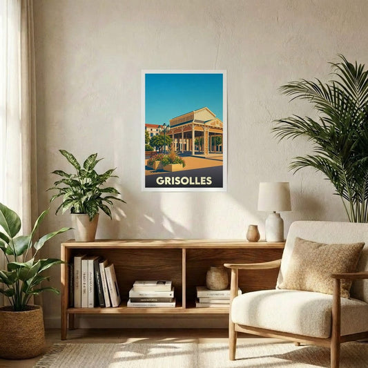 Affiche souvenir de la ville de Grisolles avec une illustration stylisée de sa halle couverte.