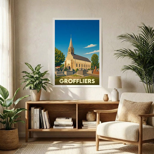 Affiche souvenir de la ville de Groffliers avec une illustration stylisée d'une église et de son cimetière.