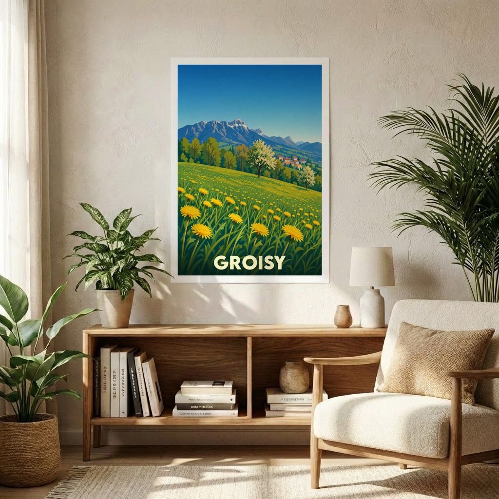 Affiche souvenir de la ville de Groisy avec une illustration stylisée de montagnes et de champs de fleurs.