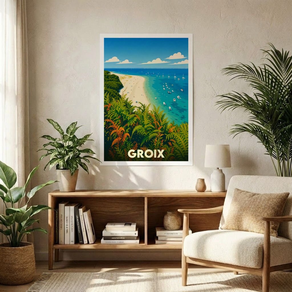 Affiche souvenir de la ville de Groix avec une illustration stylisée de sa plage et ses eaux turquoise.