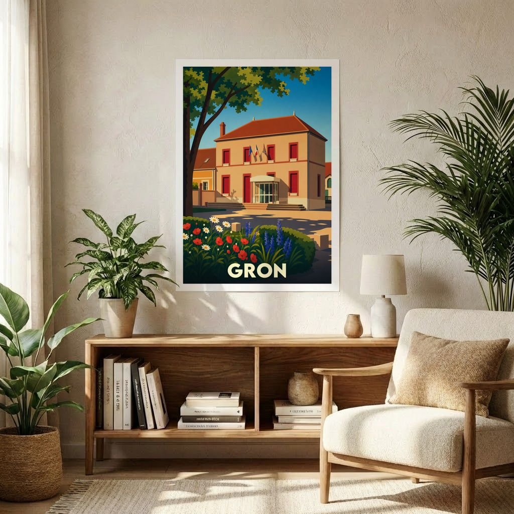 Affiche souvenir de la ville de Gron avec une illustration stylisée de sa mairie.